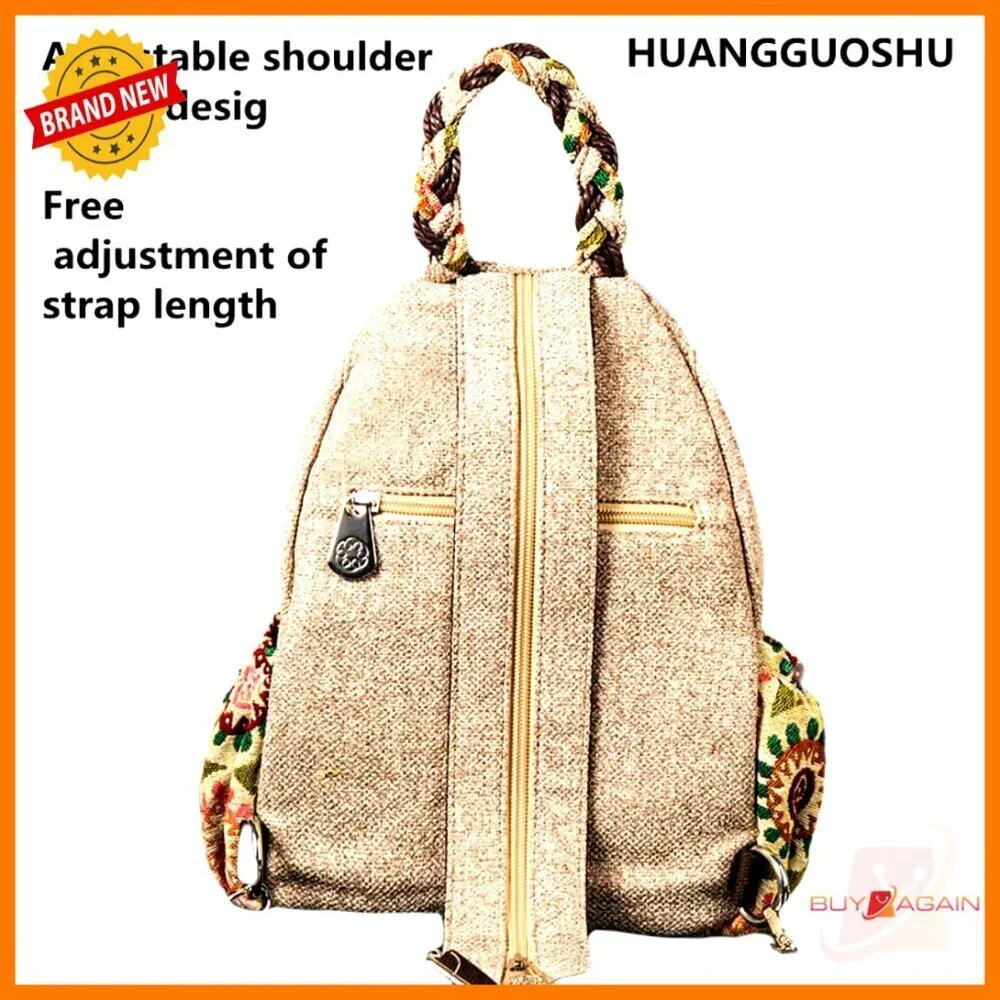 Small Adjustable Boho Backpack Purse, Cotton Hemp Blend, 9 Pockets, Versatile